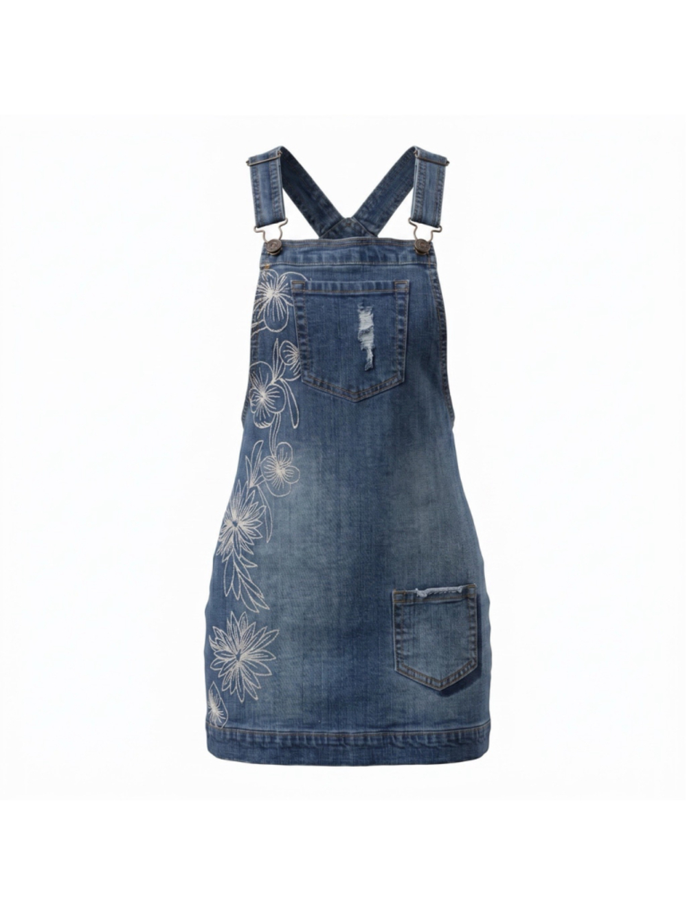 Lucky Brand Denim Overall Dress Blue Embroidered Floral Casual Girls Size Small